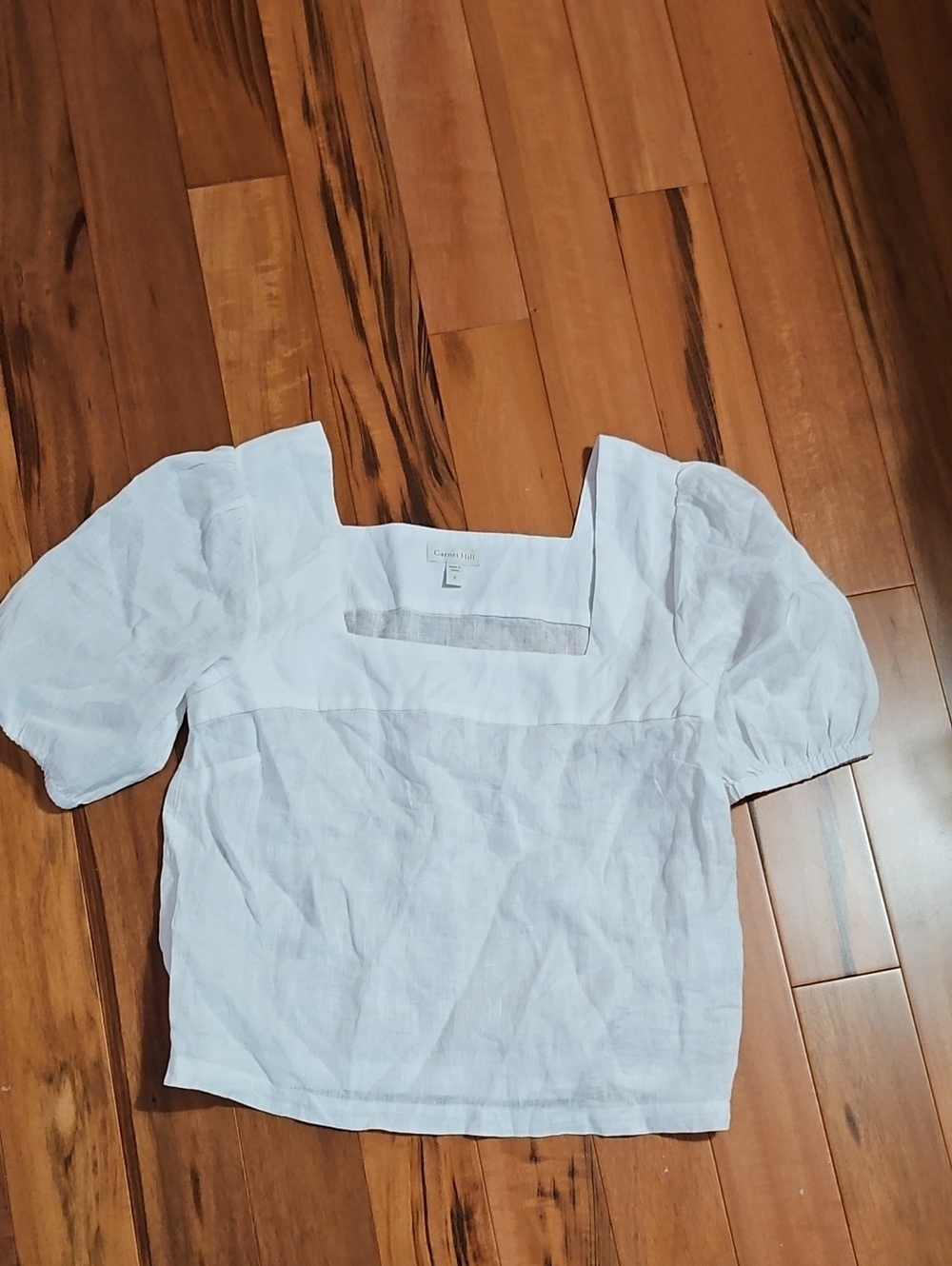 Garnet Hill 100% Flax Linen White Square-Neck Puff Sleeve Blouse